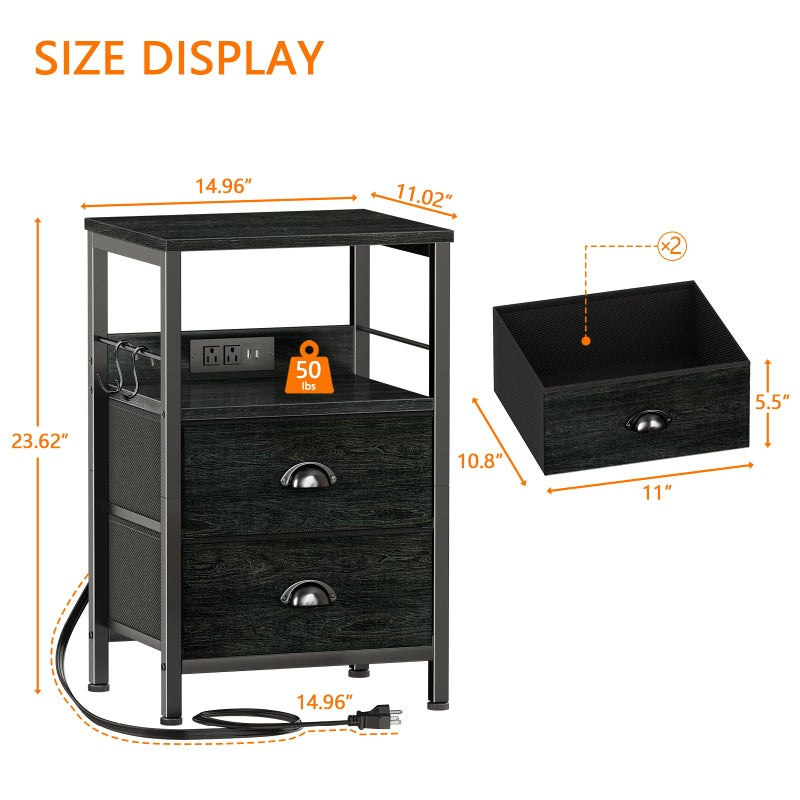Furologee Nightstand with Charging Station, Black Night Stand with 2 Fabric Drawers, Side Table with USB Ports, End Table with Storage Shelf, for Living Room/Bedroom, Black Oak - Image 2