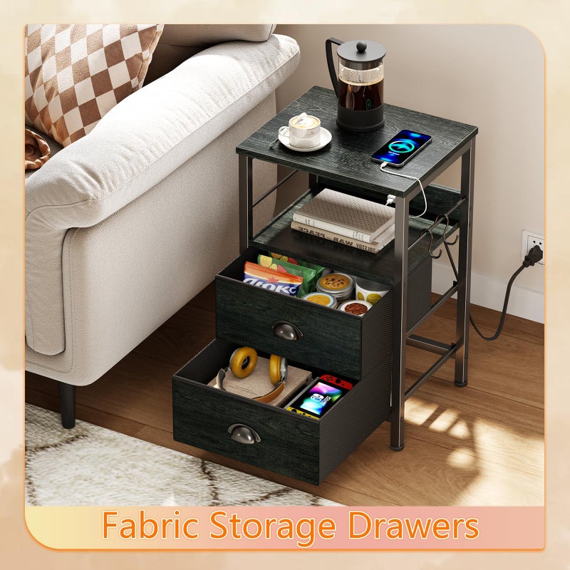 Furologee Nightstand with Charging Station, Black Night Stand with 2 Fabric Drawers, Side Table with USB Ports, End Table with Storage Shelf, for Living Room/Bedroom, Black Oak - Image 4