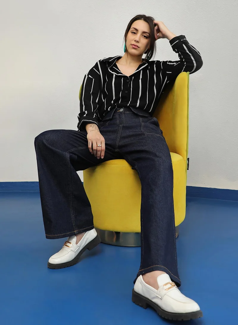 Pinacolada Women's Midnight Black & Moon Grey Striped Boxy Shirt Women's Midnight Black & Moon Grey Striped Boxy Shirt for Women | Best Price UAE