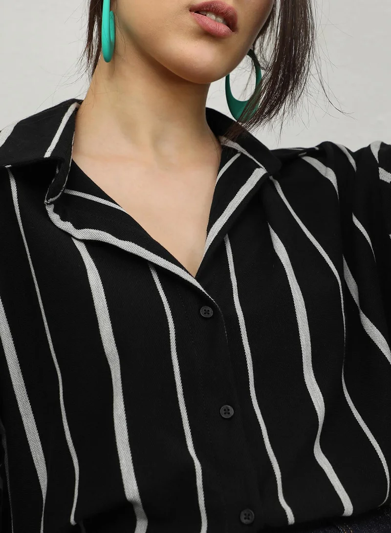 Pinacolada Women's Midnight Black & Moon Grey Striped Boxy Shirt Women's Midnight Black & Moon Grey Striped Boxy Shirt for Women | Best Price UAE
