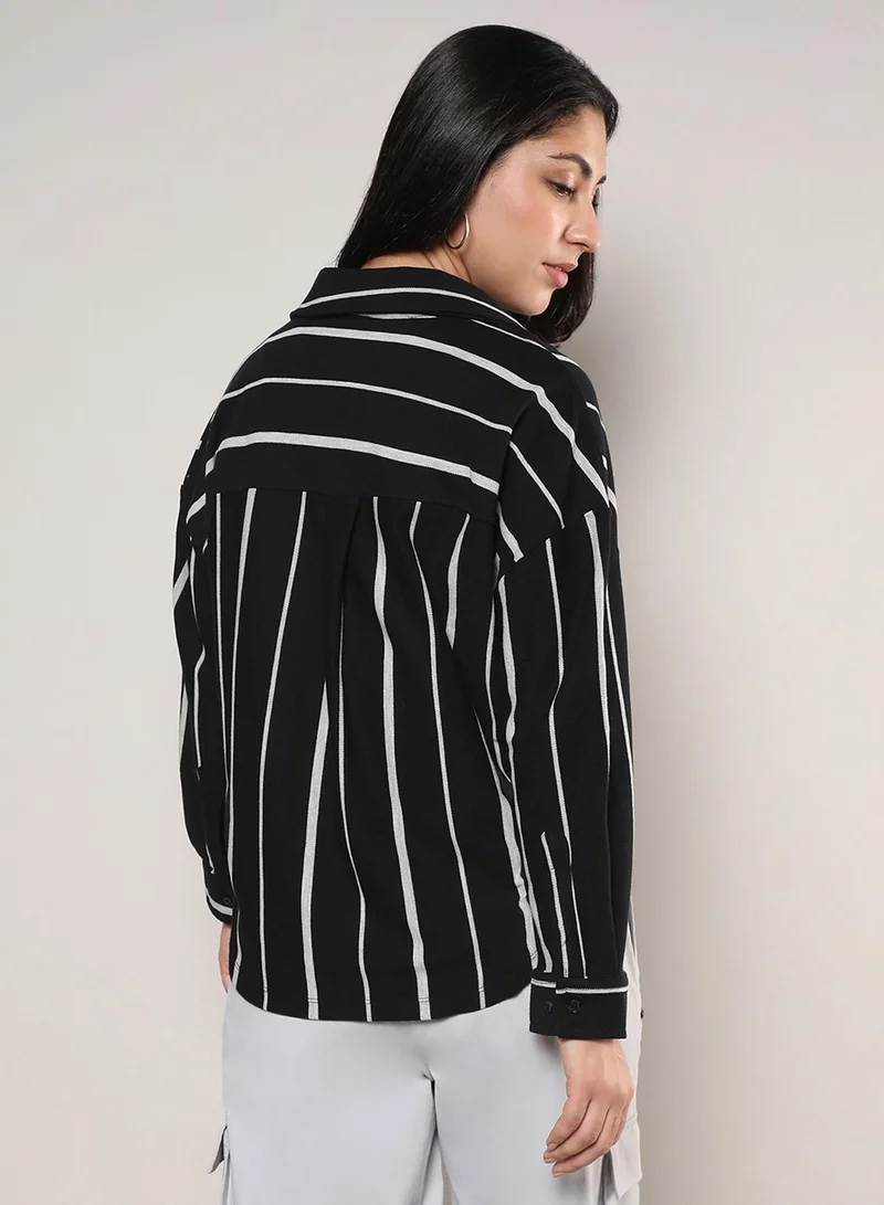Pinacolada Women's Midnight Black & Moon Grey Striped Boxy Shirt Women's Midnight Black & Moon Grey Striped Boxy Shirt for Women | Best Price UAE