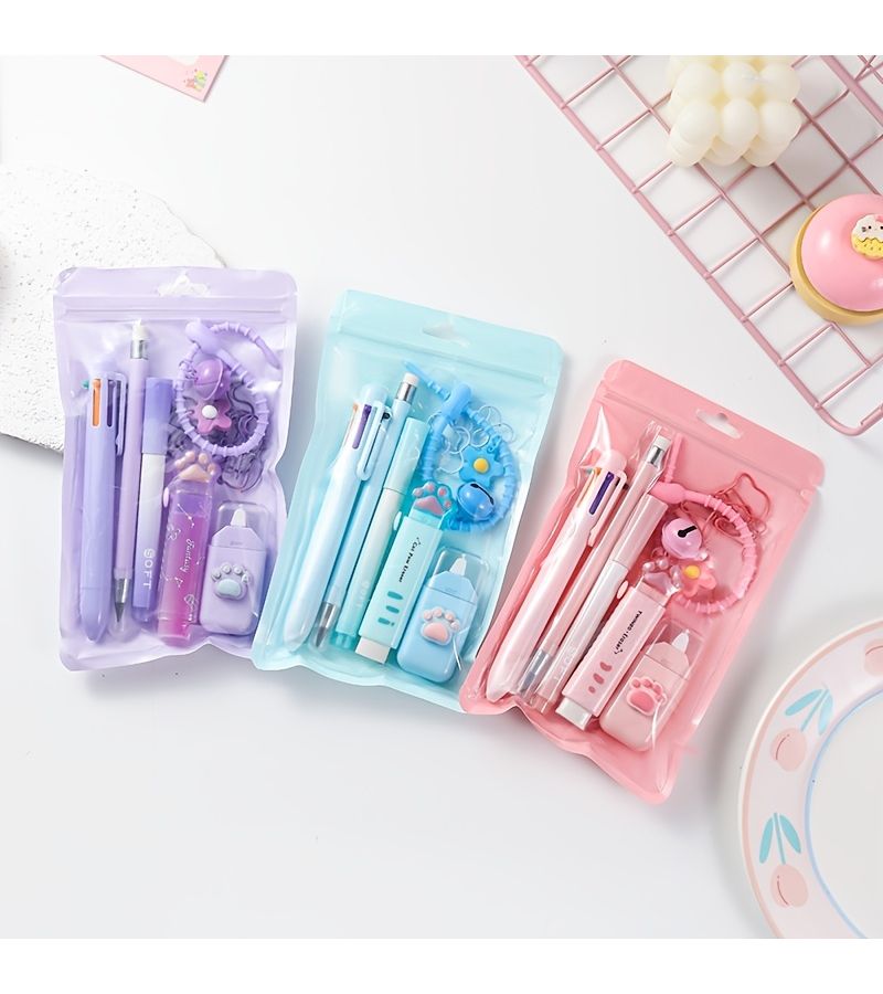 Purple Highlighter Stationery Set 11 Piece Writing Tools Kit Including Highlighters Gel Pens Mechanical Pencil And Unique Paper Clips Essential Study Supplies For School And Office - Image 1