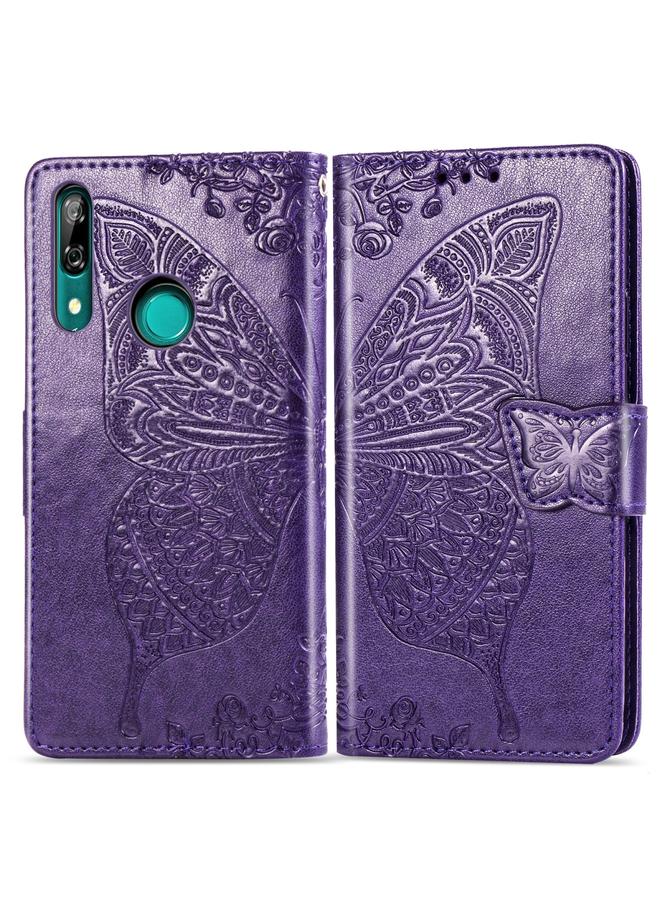 اس-توب جراب جلدي أفقي قابل للطي منقوش عليه زهور حب الفراشات لهاتف Huawei P Smart Z مع حامل وفتحات للبطاقات ومحفظة وحبل تعليق - Image 1