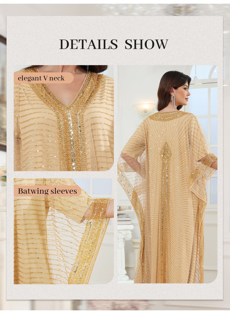 Luxurious Women V-neck Cloak jalabiyas batwing sleeve Sequin Beaded Abaya Embroidered Arab abayas Kaftan for Party, Wedding, Family gathering - Image 3