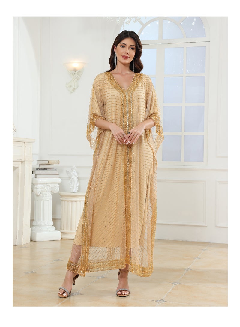 Luxurious Women V-neck Cloak jalabiyas batwing sleeve Sequin Beaded Abaya Embroidered Arab abayas Kaftan for Party, Wedding, Family gathering - Image 4