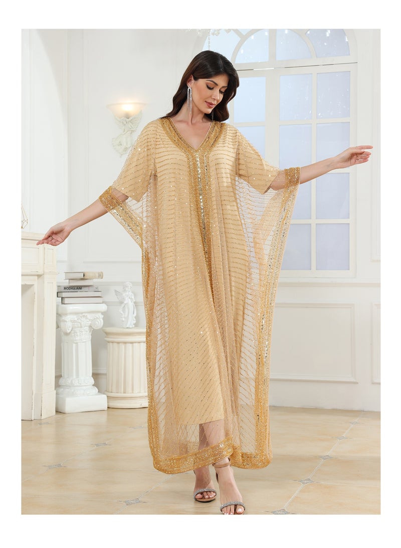Luxurious Women V-neck Cloak jalabiyas batwing sleeve Sequin Beaded Abaya Embroidered Arab abayas Kaftan for Party, Wedding, Family gathering - Image 1