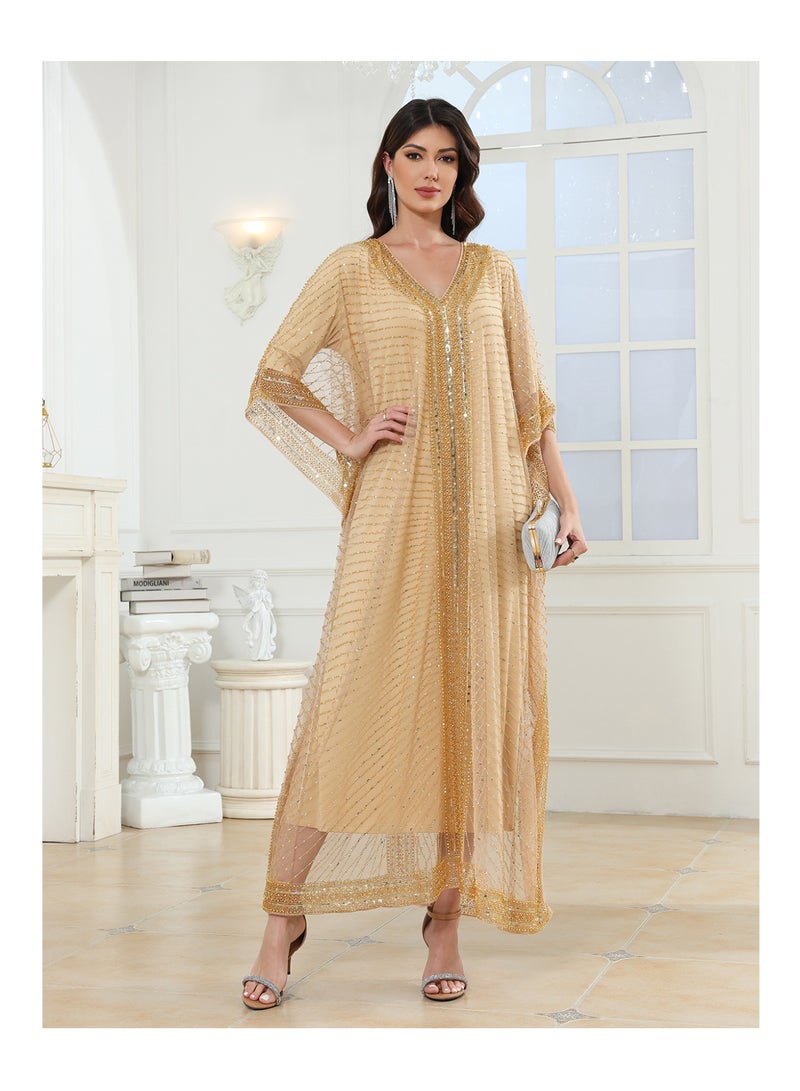 Luxurious Women V-neck Cloak jalabiyas batwing sleeve Sequin Beaded Abaya Embroidered Arab abayas Kaftan for Party, Wedding, Family gathering - Image 5