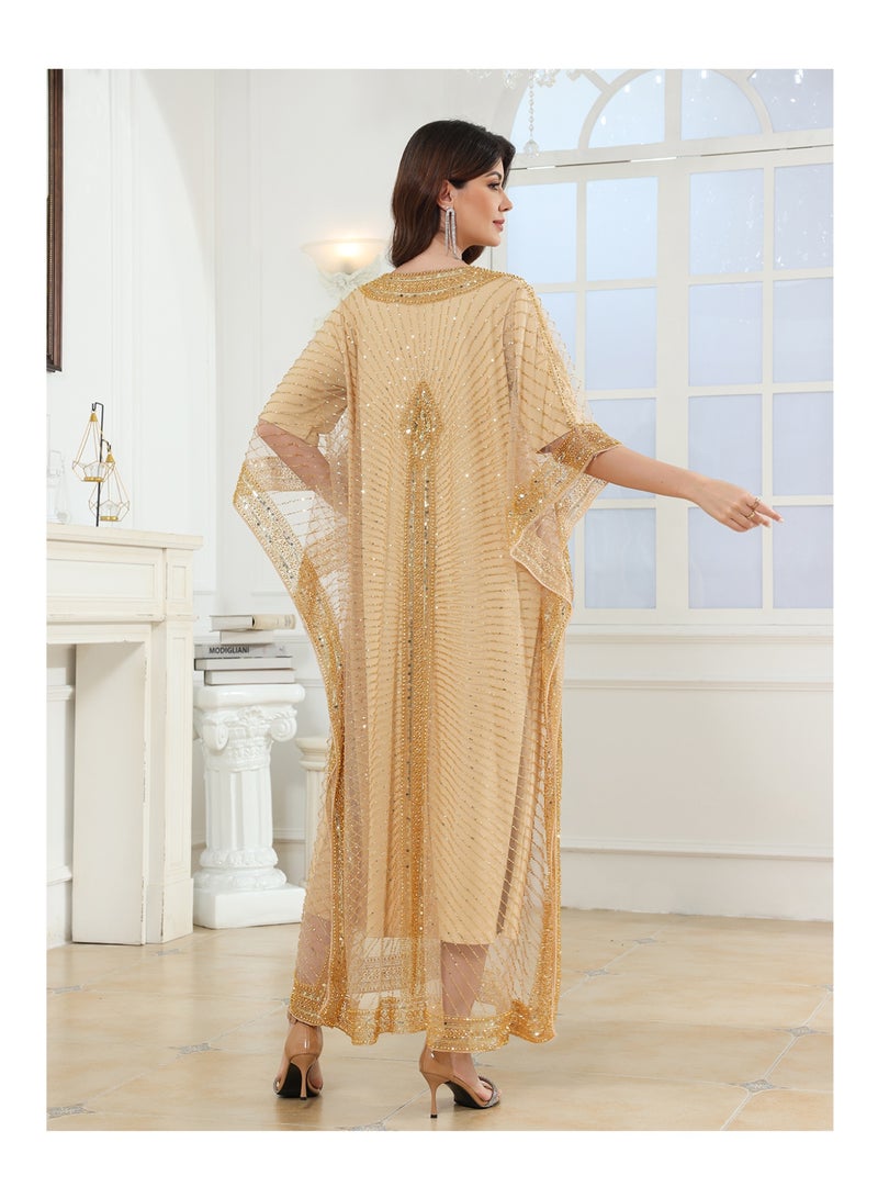 Luxurious Women V-neck Cloak jalabiyas batwing sleeve Sequin Beaded Abaya Embroidered Arab abayas Kaftan for Party, Wedding, Family gathering - Image 2