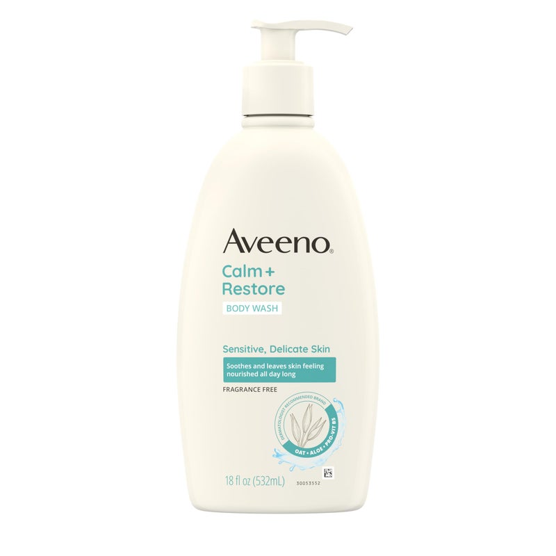 Aveeno Calm + Restore Daily Body Wash for Sensitive, Delicate Skin, Gentle Cleanser with Oat, Aloe & Pro-Vitamin B5 Soothes & Leaves Skin Feeling Nourished, Fragrance Free, 18 fl. oz - Image 1