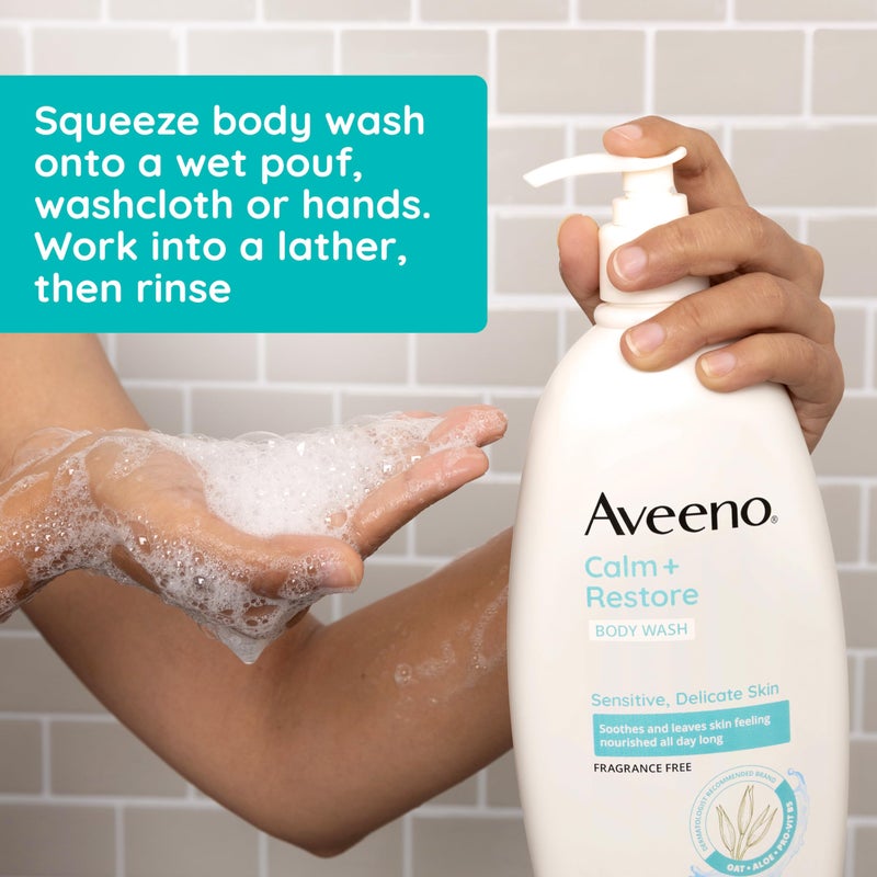 Aveeno Calm + Restore Daily Body Wash for Sensitive, Delicate Skin, Gentle Cleanser with Oat, Aloe & Pro-Vitamin B5 Soothes & Leaves Skin Feeling Nourished, Fragrance Free, 18 fl. oz - Image 5