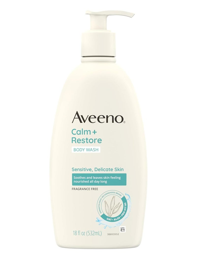 Aveeno - Aveeno Calm + Restore Daily Body Wash for Sensitive, Delicate Skin, Gentle Cleanser with Oat, Aloe & Pro-Vitamin B5 Soothes & Leaves Skin Feeling Nourished, Fragrance Free, 18 fl. Oz - Image 1