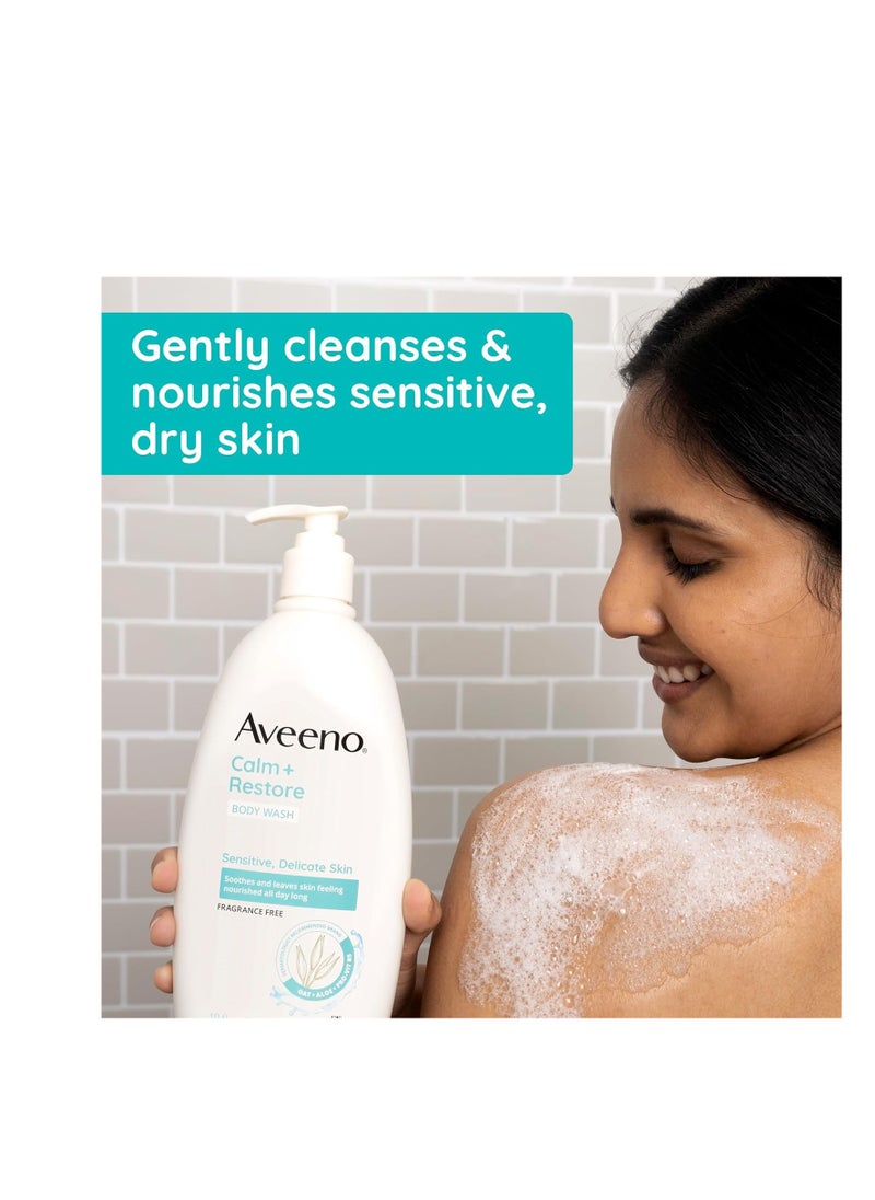 Aveeno - Aveeno Calm + Restore Daily Body Wash for Sensitive, Delicate Skin, Gentle Cleanser with Oat, Aloe & Pro-Vitamin B5 Soothes & Leaves Skin Feeling Nourished, Fragrance Free, 18 fl. Oz - Image 1
