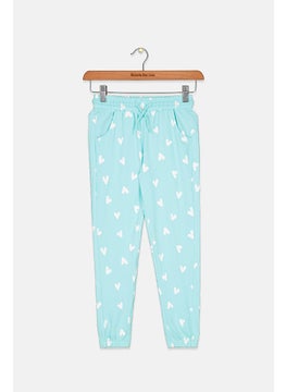 Kids Girl Heart Print Drawstring Pants, Turquoise and White