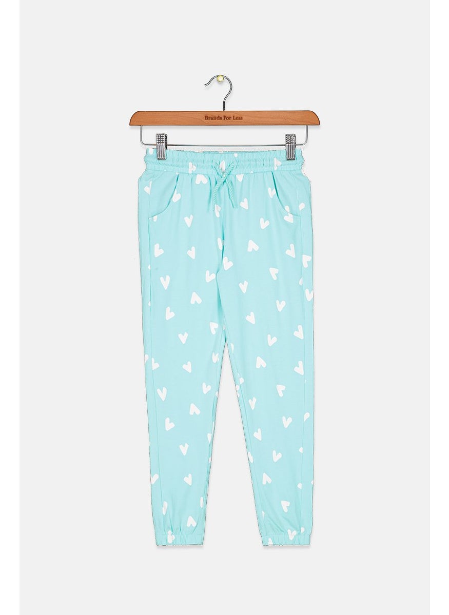 Tchibo Kids Girl Heart Print Drawstring Pants, Turquoise and White  - Image 1