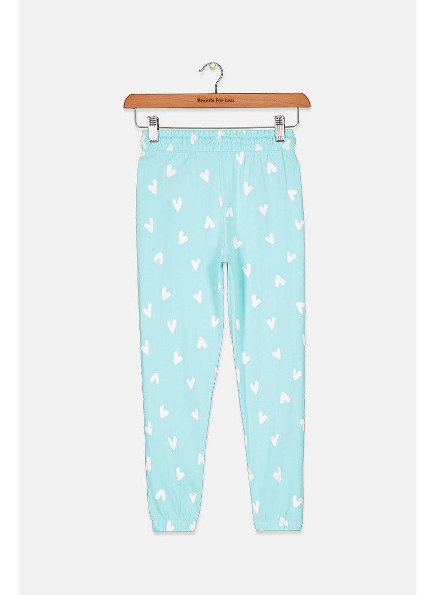 Tchibo Kids Girl Heart Print Drawstring Pants, Turquoise and White  - Image 2