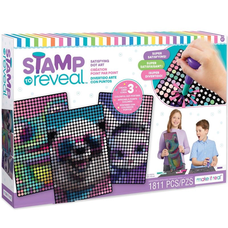 Make It Real Stamp to Reveal DIY Dot Posters, 1 Stamper per kit & 3 Dot Posters |Craft Kit, Artwork Activity, Girls & Kids Ages 6 Bunny, Frog, Panda - Image 1