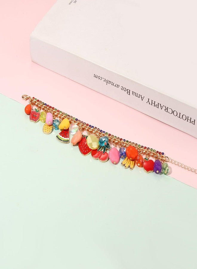 HSWE Fruit Bracelet for Women Novelty Colorful Crystal Beads Strawberry Cherry Pineapple Banana Apple Watermelon Charm Friendship Bangle Bracelet Fun Summer Holiday Party Wrist Jewelry Gifts (A Fruit Charms Bracelet, 1) - Image 4