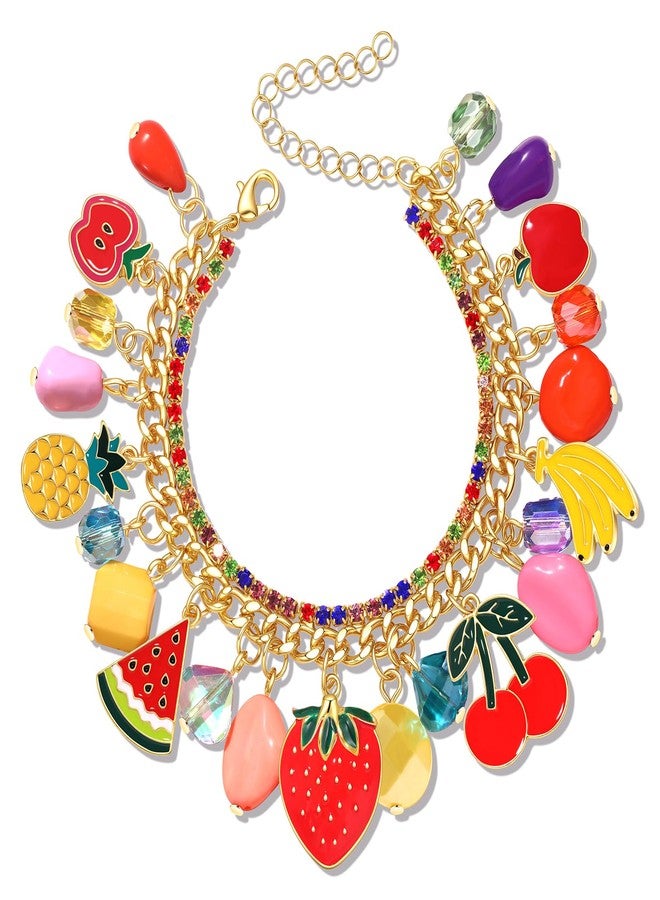 HSWE Fruit Bracelet for Women Novelty Colorful Crystal Beads Strawberry Cherry Pineapple Banana Apple Watermelon Charm Friendship Bangle Bracelet Fun Summer Holiday Party Wrist Jewelry Gifts (A Fruit Charms Bracelet, 1) - Image 1