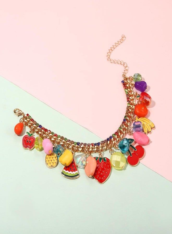 HSWE Fruit Bracelet for Women Novelty Colorful Crystal Beads Strawberry Cherry Pineapple Banana Apple Watermelon Charm Friendship Bangle Bracelet Fun Summer Holiday Party Wrist Jewelry Gifts (A Fruit Charms Bracelet, 1) - Image 3
