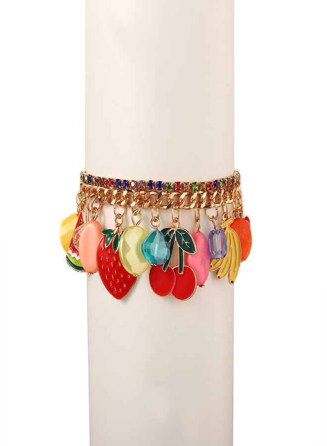 HSWE Fruit Bracelet for Women Novelty Colorful Crystal Beads Strawberry Cherry Pineapple Banana Apple Watermelon Charm Friendship Bangle Bracelet Fun Summer Holiday Party Wrist Jewelry Gifts (A Fruit Charms Bracelet, 1) - Image 5
