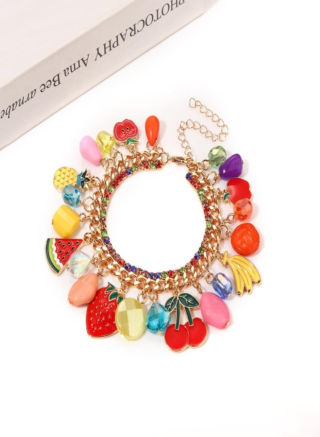 HSWE Fruit Bracelet for Women Novelty Colorful Crystal Beads Strawberry Cherry Pineapple Banana Apple Watermelon Charm Friendship Bangle Bracelet Fun Summer Holiday Party Wrist Jewelry Gifts (A Fruit Charms Bracelet, 1) - Image 2