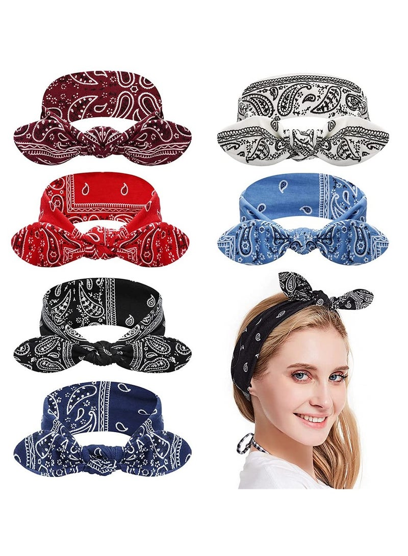 إسكدنيا 6 Pack Boho Bow Headbands for Women Vintage Paisley Flower Printed Elastic Rabbit Ear Head Wrap Hairbands Hair Holder Accessory for Women and Girls - Image 1