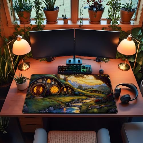YKJWW Cute House Anime Mouse Pad Desk Mat Gaming Playmat MTG Game Mat Large Gaming Mousepad for Desk Computer Keyboard Laptop Pad, Desk Decor Home Office with Stitched Eges Pad (31.5x15.7 in) - Image 4