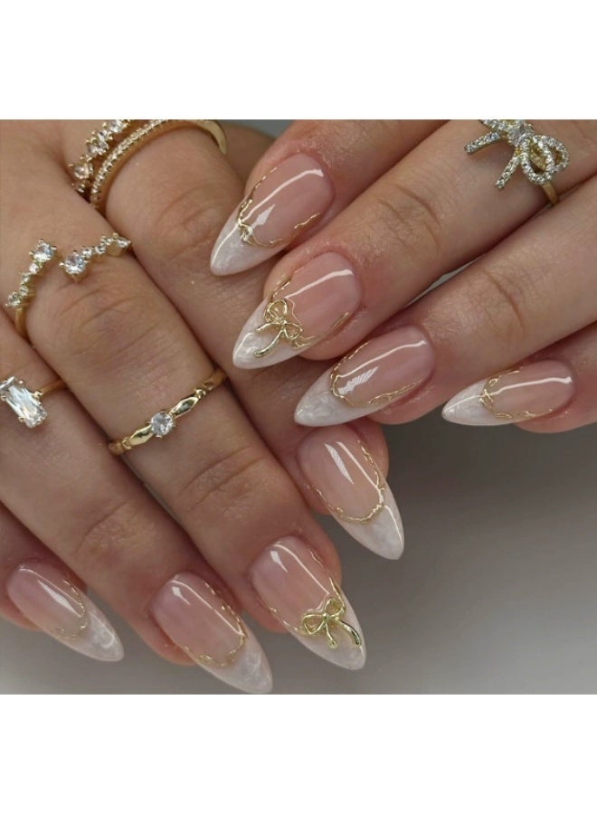 Woofixer 24Pcs Gold Bow Press on Nails, Long Almond White French Tip Fake Nails, 3D Ribbon Charm Design Artificial Finger Nails, Reusable Wedding Manicure Set for Women - Image 1