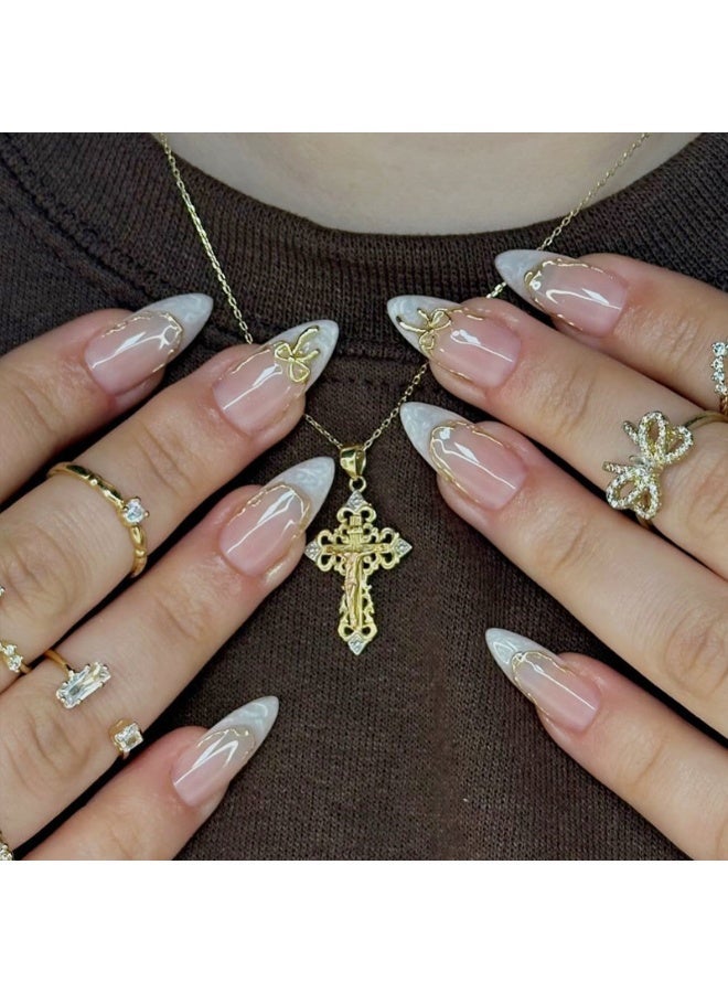 Woofixer 24Pcs Gold Bow Press on Nails, Long Almond White French Tip Fake Nails, 3D Ribbon Charm Design Artificial Finger Nails, Reusable Wedding Manicure Set for Women - Image 2