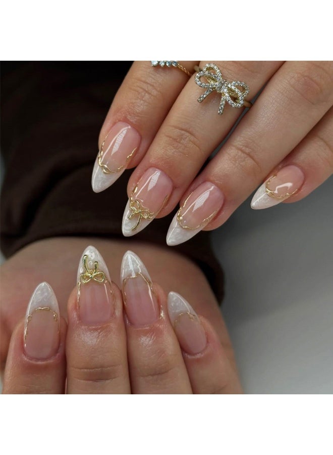 Woofixer 24Pcs Gold Bow Press on Nails, Long Almond White French Tip Fake Nails, 3D Ribbon Charm Design Artificial Finger Nails, Reusable Wedding Manicure Set for Women - Image 3