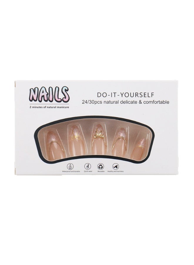 Woofixer 24Pcs Gold Bow Press on Nails, Long Almond White French Tip Fake Nails, 3D Ribbon Charm Design Artificial Finger Nails, Reusable Wedding Manicure Set for Women - Image 4