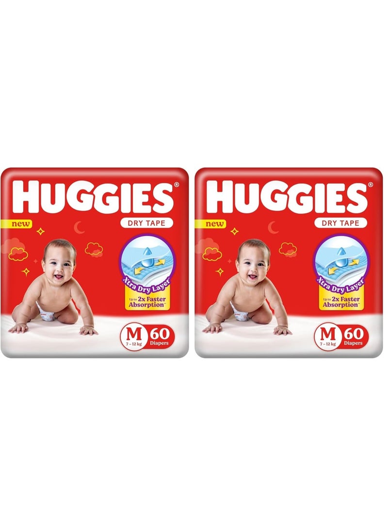 Huggies  Dry Tape Medium (M) Size Baby Tape Diapers, 60 count, with 5 in 1 Comfort (Pack of 2) - Image 1