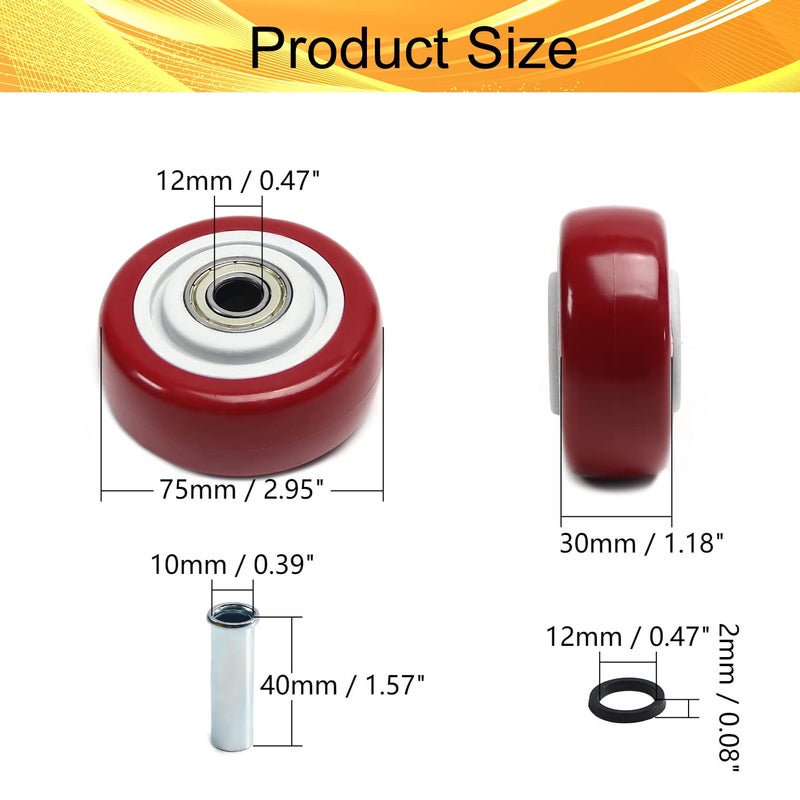 Juvielich 4Pcs Push Cart Wheels 3 Inch PU Caster Wheels Bearings Repair Kits,Heavy Duty Plate Casters Wheels with 3/8 inch bore,Shelf replacement 3â€ x 1.25â€ caster wheel for Platform Trucks,Trolly - Image 2