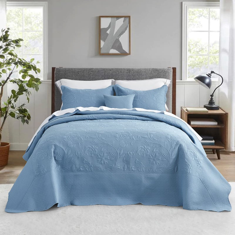 CHIXIN Oversized Bedspread Coverlet Set King Size  Lightweight Bedding Cover  Ultrasonic Quilting  5 Piece Reversible Bedspread  Vintage Rose Pattern King Ashley Blue