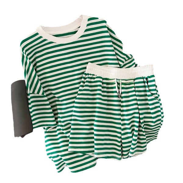 Generic Striped Casual Sport Suit Women Summer Green stripes  - Image 5
