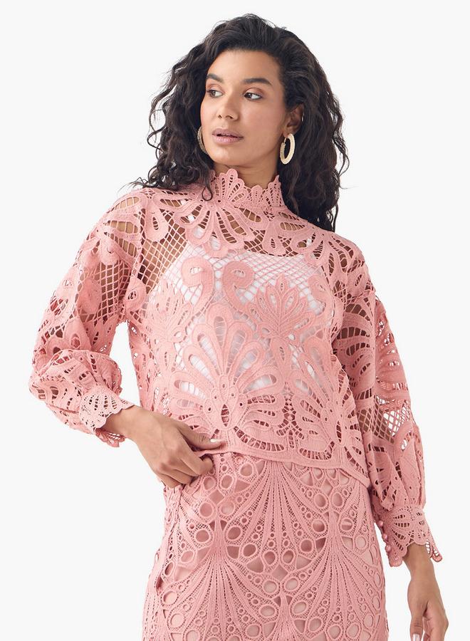 2Xtremz Lace Detail Top with High Neck and Long Sleeves - Image 1