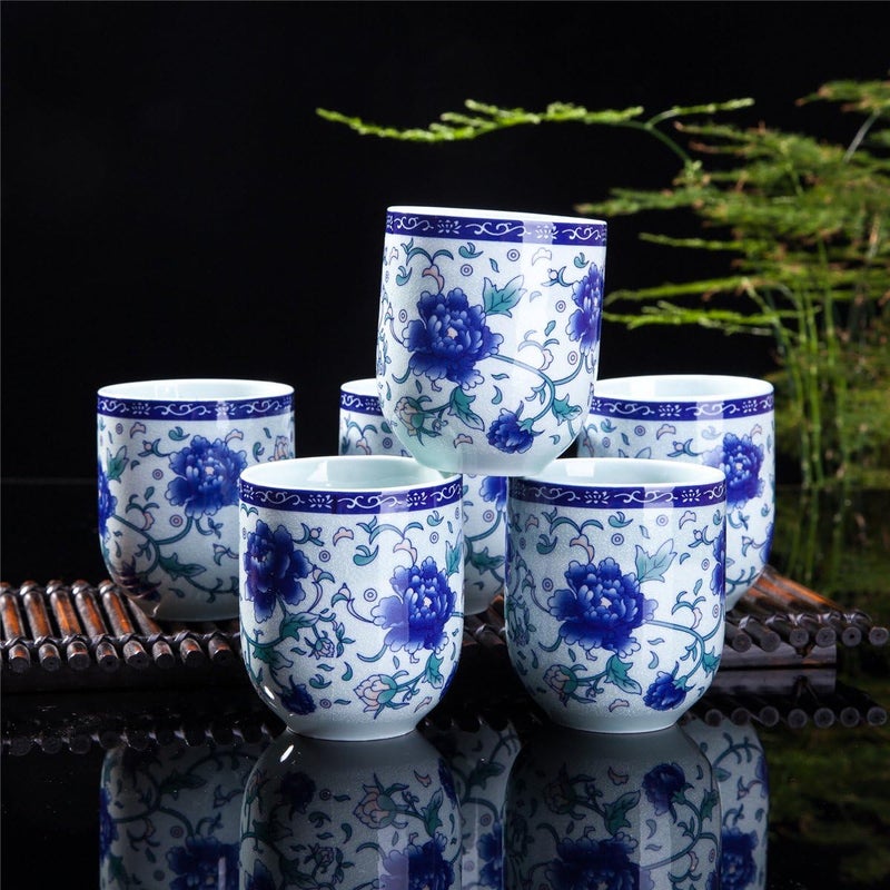 THY COLLECTIBLES Set Of 6 Eastern Asian Design Ceramic Tea Cups In BlueAndWhite Peony  8 OZ Capacity Each  - Image 2