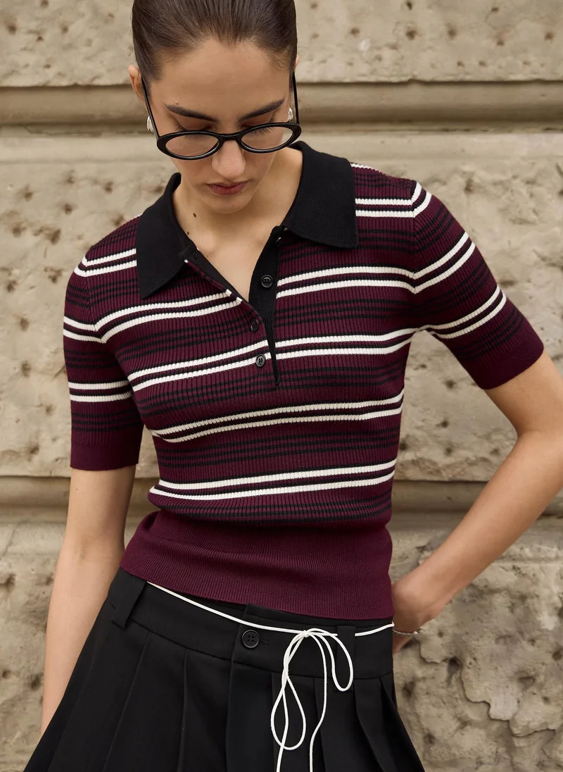 Lichi Cropped striped rib-knit polo