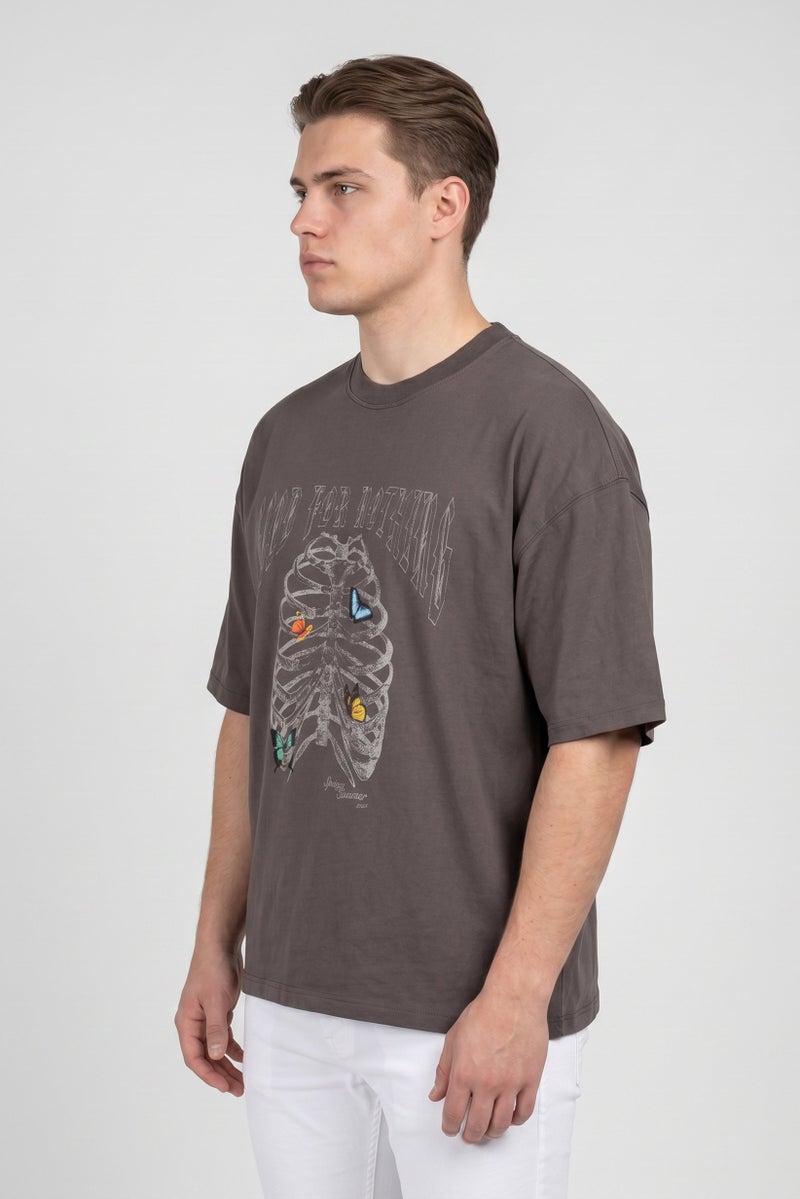 GOOD FOR NOTHING Men Crew Neck Short Sleeve Graphic Print T-Shirt, Taupe - Image 3