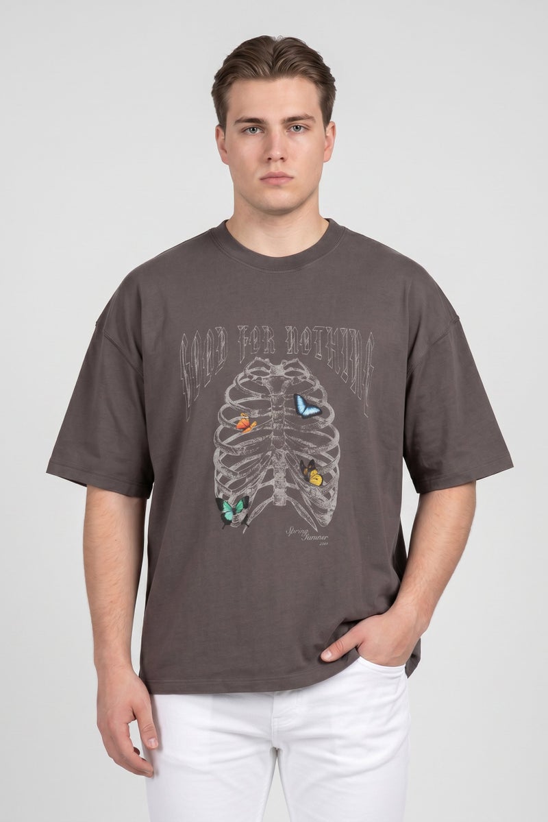 GOOD FOR NOTHING Men Crew Neck Short Sleeve Graphic Print T-Shirt, Taupe - Image 1
