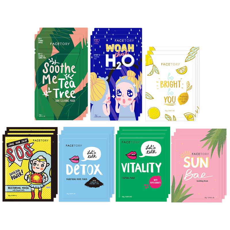 FACETORY K Beauty Face Mask Skin Care - BEST OF 7 COLLECTION Sheet Mask Set (21 pc) | Natural Premium Korean Face Mask For All Skin Types - No Sulfates No Parabens - Image 1