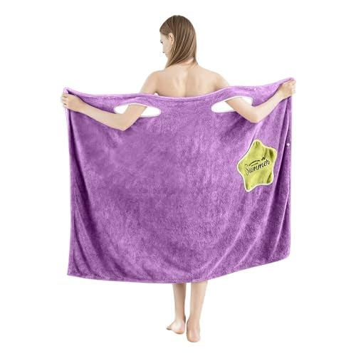 HOUSSE Wearable Microfiber Spa Bath Towel with Star Pocket for Girls & Women | Soft, Cozy Wrap with Snap Closure | Women’s Day Gift| 110 x 140 cm (Purple_Yellow) - Image 1