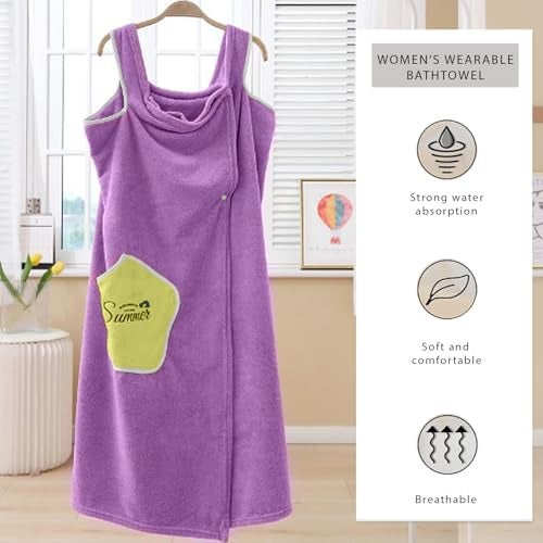 HOUSSE Wearable Microfiber Spa Bath Towel with Star Pocket for Girls & Women | Soft, Cozy Wrap with Snap Closure | Women’s Day Gift| 110 x 140 cm (Purple_Yellow) - Image 2