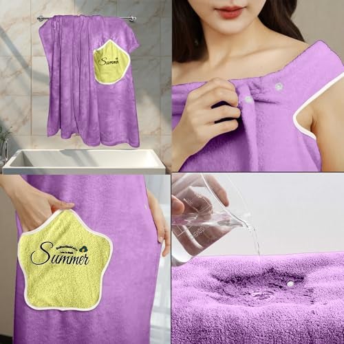 HOUSSE Wearable Microfiber Spa Bath Towel with Star Pocket for Girls & Women | Soft, Cozy Wrap with Snap Closure | Women’s Day Gift| 110 x 140 cm (Purple_Yellow) - Image 3