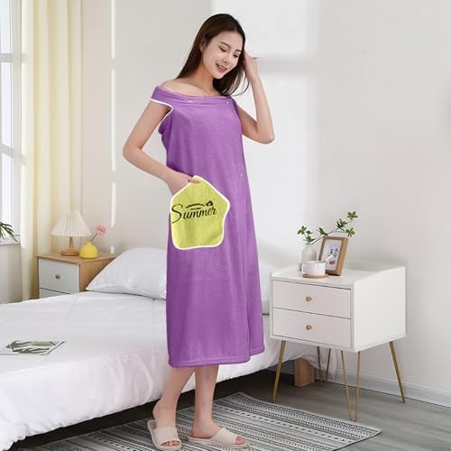 HOUSSE Wearable Microfiber Spa Bath Towel with Star Pocket for Girls & Women | Soft, Cozy Wrap with Snap Closure | Women’s Day Gift| 110 x 140 cm (Purple_Yellow) - Image 4