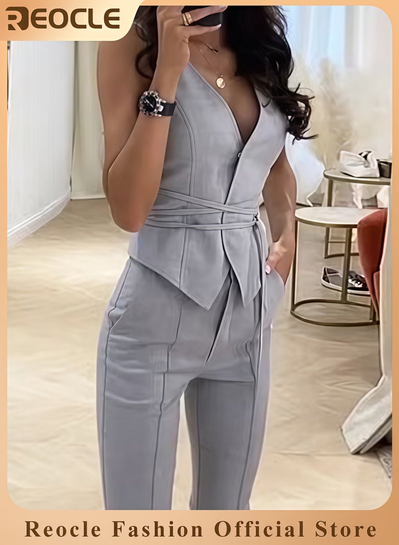 ريوكل طقم ملابس نسائي مكون من قطعتين، سترة بدون أكمام ورقبة على شكل حرف V وبنطلون ضيق، طقم عمل غير رسمي صيفي ضيق - Image 1