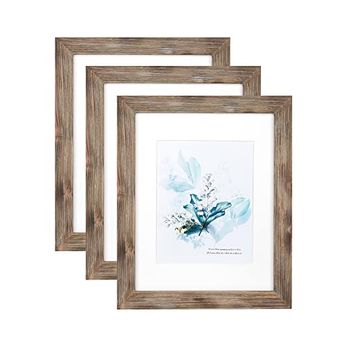 KAIWIN 100 Solid Wood Brown 11x14 Picture Frame 3 Pack Display Picture 8x10 with Mat HD Glass Inside Rustic Wooden Photo Frames for Wall Mounting