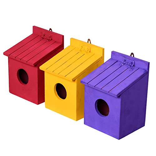 Cket Bird House 3 Piece Combo Nest & Breeding Box Handmade Openable Roof Bird Cage for Sparrow, Budgies and Finches Eco Friendly Wooden Trio Combo(Red-Violet-Yellow / 13 x 11 x 18 CM) - Image 1