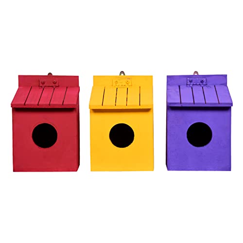 Cket Bird House 3 Piece Combo Nest & Breeding Box Handmade Openable Roof Bird Cage for Sparrow, Budgies and Finches Eco Friendly Wooden Trio Combo(Red-Violet-Yellow / 13 x 11 x 18 CM) - Image 5
