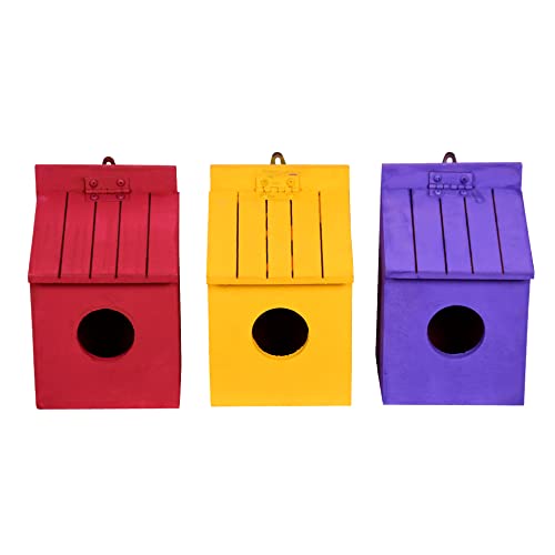 Cket Bird House 3 Piece Combo Nest & Breeding Box Handmade Openable Roof Bird Cage for Sparrow, Budgies and Finches Eco Friendly Wooden Trio Combo(Red-Violet-Yellow / 13 x 11 x 18 CM) - Image 2